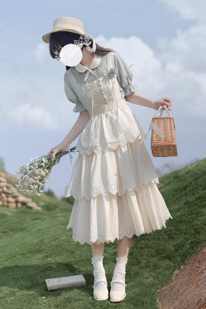 Lolita Jumper Skirt - Triple-layered Ruffle Lace-up, Ivory, Sweet Style, Lace Trim - additional product view 2