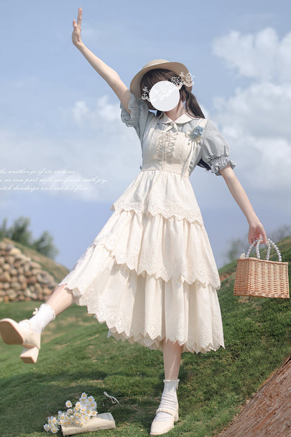 Lolita Jumper Skirt - Triple-layered Ruffle Lace-up, Ivory, Sweet Style, Lace Trim - additional product view 10