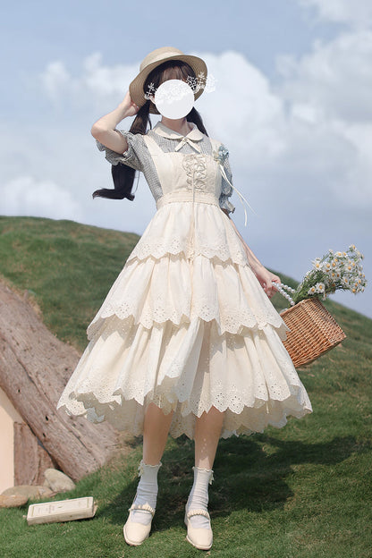 Lolita Jumper Skirt - Triple-layered Ruffle Lace-up, Ivory, Sweet Style, Lace Trim - main product image