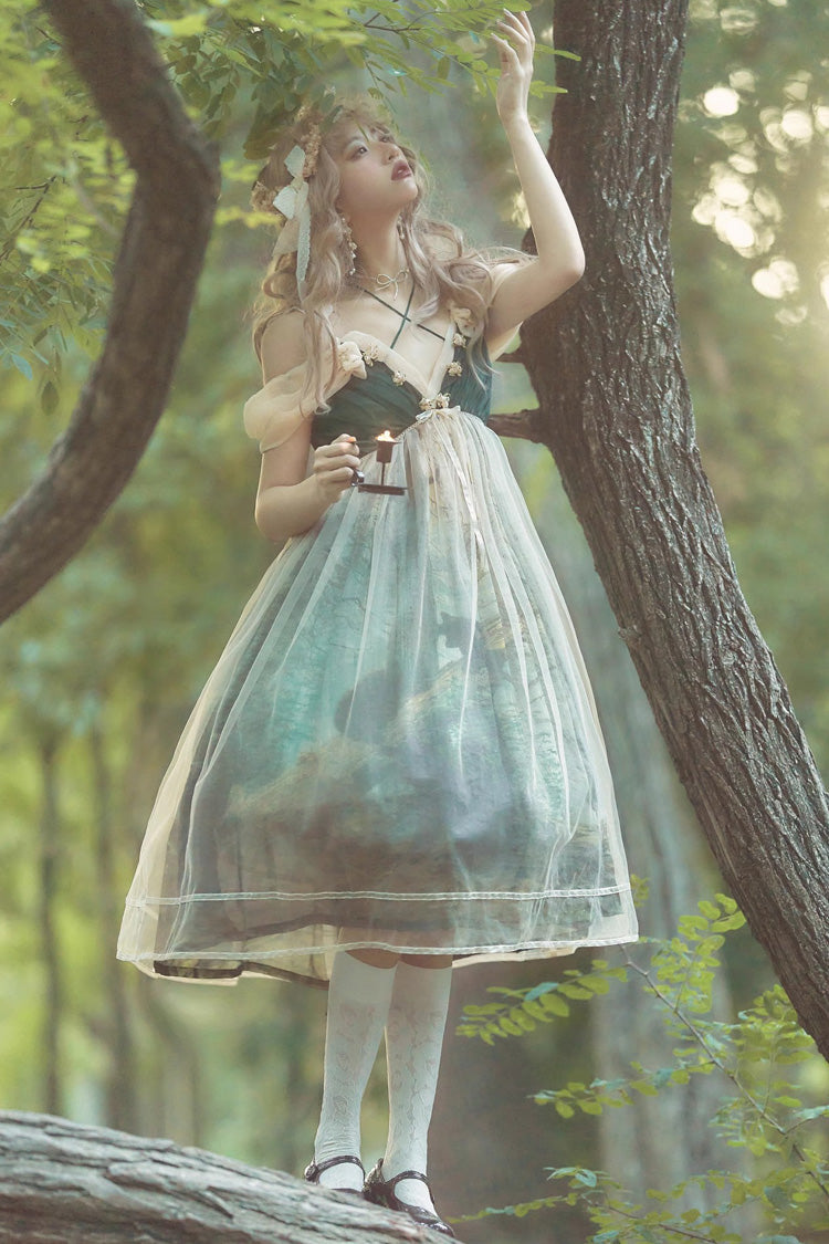 Lolita Jumper Skirt - V Collar Morning In Pine Forest, Green, Printed, Sweet Style - additional product view 2