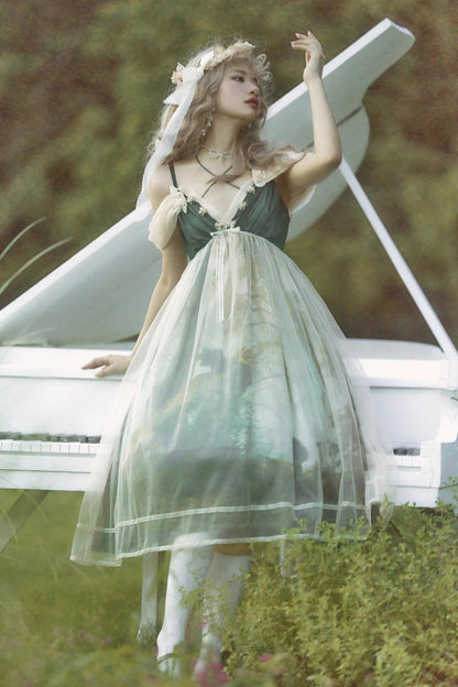 Lolita Jumper Skirt - V Collar Morning In Pine Forest, Green, Printed, Sweet Style - additional product view 3