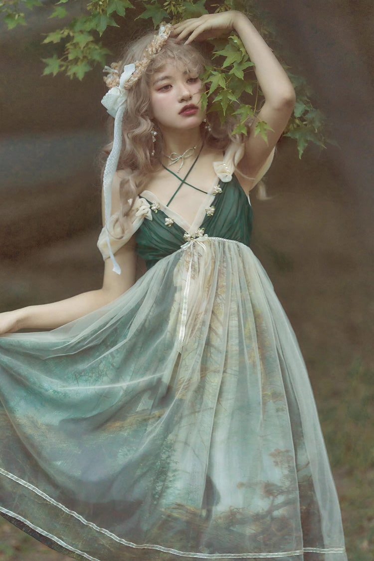 Lolita Jumper Skirt - V Collar Morning In Pine Forest, Green, Printed, Sweet Style - additional product view 4