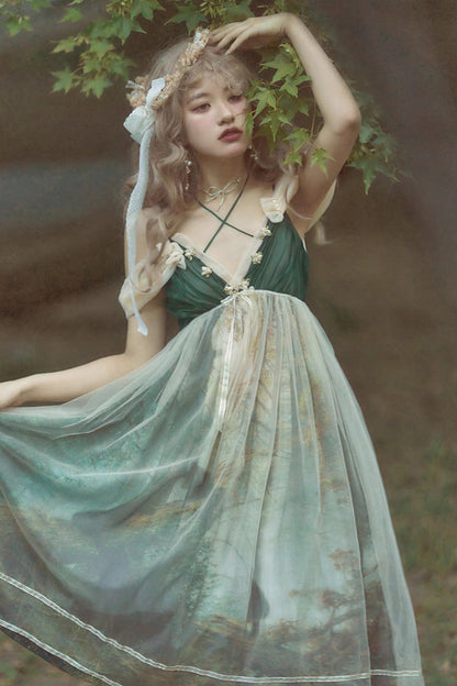 Lolita Jumper Skirt - V Collar Morning In Pine Forest, Green, Printed, Sweet Style - additional product view 4