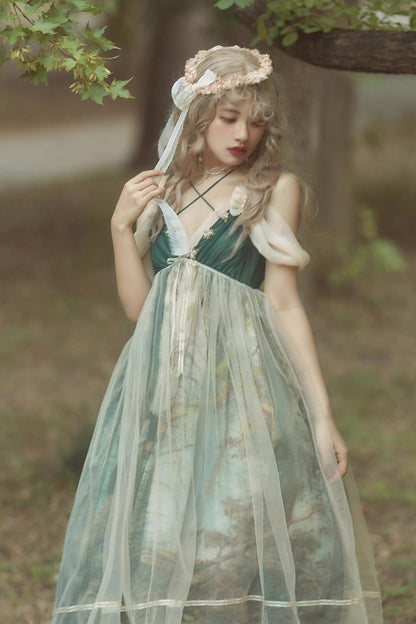 Lolita Jumper Skirt - V Collar Morning In Pine Forest, Green, Printed, Sweet Style - additional product view 5