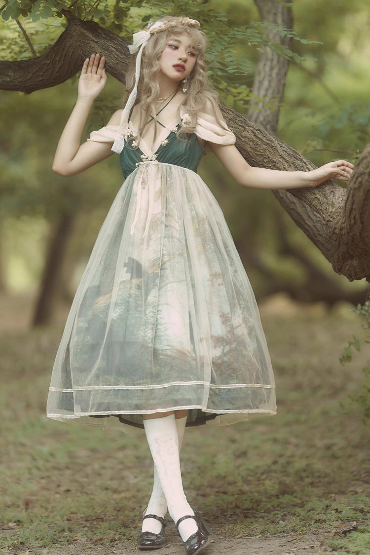 Lolita Jumper Skirt - V Collar Morning In Pine Forest, Green, Printed, Sweet Style - main product image