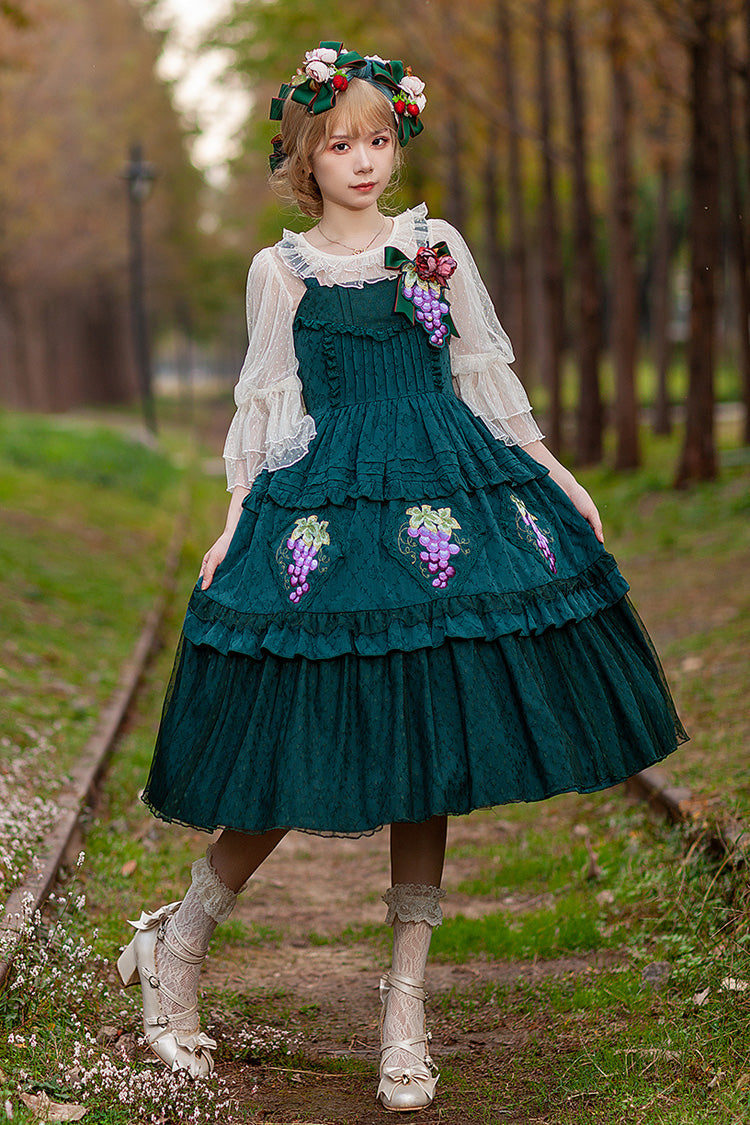 Lolita Jumper Skirt - Vineyard, Green, Sweet Style, Ruffled, Printed - additional product view 2