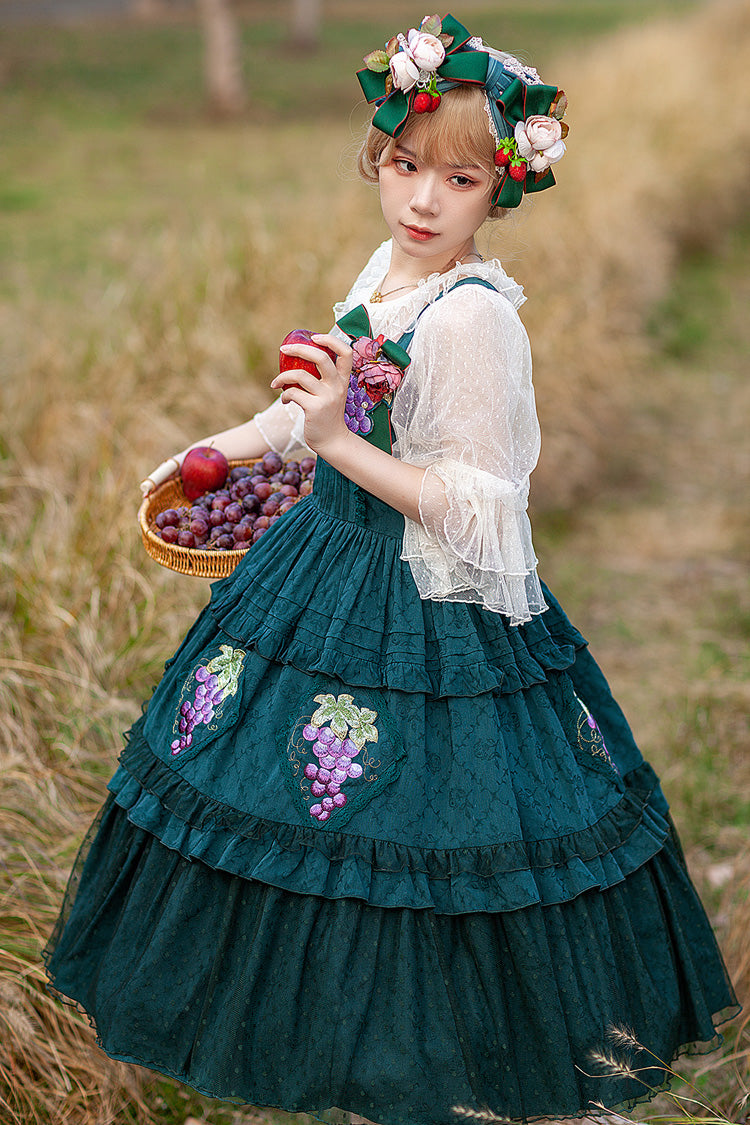 Lolita Jumper Skirt - Vineyard, Green, Sweet Style, Ruffled, Printed - additional product view 3