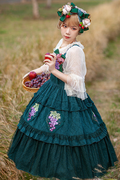 Lolita Jumper Skirt - Vineyard, Green, Sweet Style, Ruffled, Printed - additional product view 3