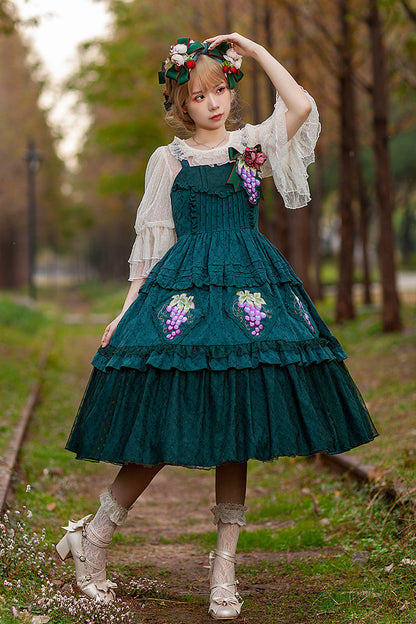 Lolita Jumper Skirt - Vineyard, Green, Sweet Style, Ruffled, Printed - additional product view 4