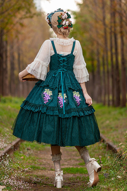 Lolita Jumper Skirt - Vineyard, Green, Sweet Style, Ruffled, Printed - additional product view 5