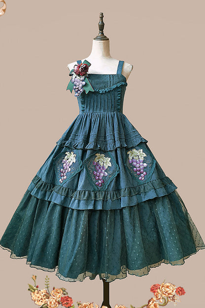 Lolita Jumper Skirt - Vineyard, Green, Sweet Style, Ruffled, Printed - additional product view 6