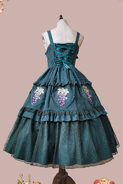 Lolita Jumper Skirt - Vineyard, Green, Sweet Style, Ruffled, Printed - additional product view 7