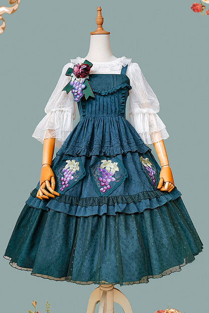 Lolita Jumper Skirt - Vineyard, Green, Sweet Style, Ruffled, Printed - additional product view 8