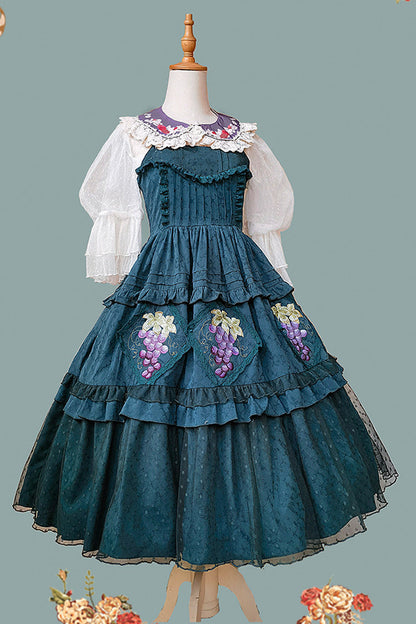Lolita Jumper Skirt - Vineyard, Green, Sweet Style, Ruffled, Printed - additional product view 9