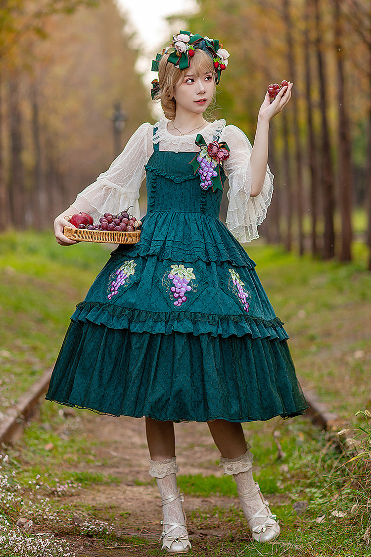 Lolita Jumper Skirt - Vineyard, Green, Sweet Style, Ruffled, Printed - main product image