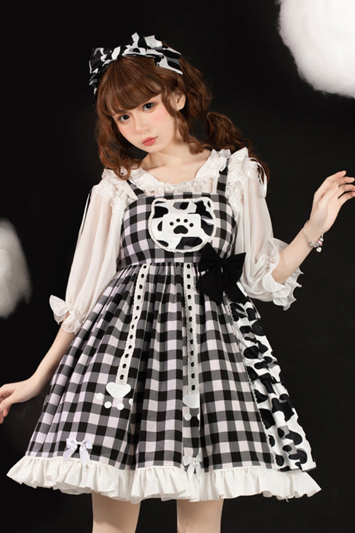 Lolita Jumper Skirt - White/black Milk Cow Plaid Panel, 2 Colors, Plaid, High Waist - additional product view 2