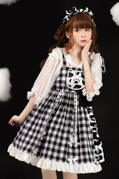 Lolita Jumper Skirt - White/black Milk Cow Plaid Panel, 2 Colors, Plaid, High Waist - additional product view 3