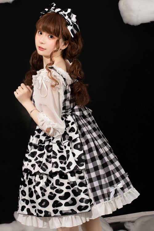 Lolita Jumper Skirt - White/black Milk Cow Plaid Panel, 2 Colors, Plaid, High Waist - additional product view 4