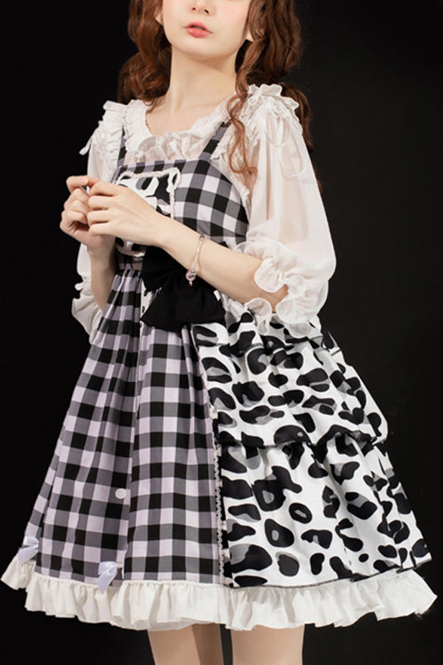 Lolita Jumper Skirt - White/black Milk Cow Plaid Panel, 2 Colors, Plaid, High Waist - main product image