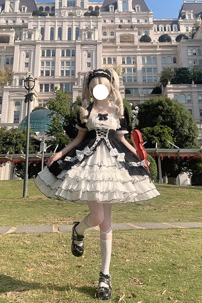Lolita Jumper Skirt - White/black Multi-layer, 2 Colors, Sweet Style, Bow Detail, Ruffled - additional product view 2