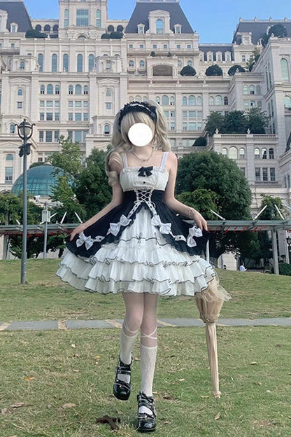 Lolita Jumper Skirt - White/black Multi-layer, 2 Colors, Sweet Style, Bow Detail, Ruffled - additional product view 3