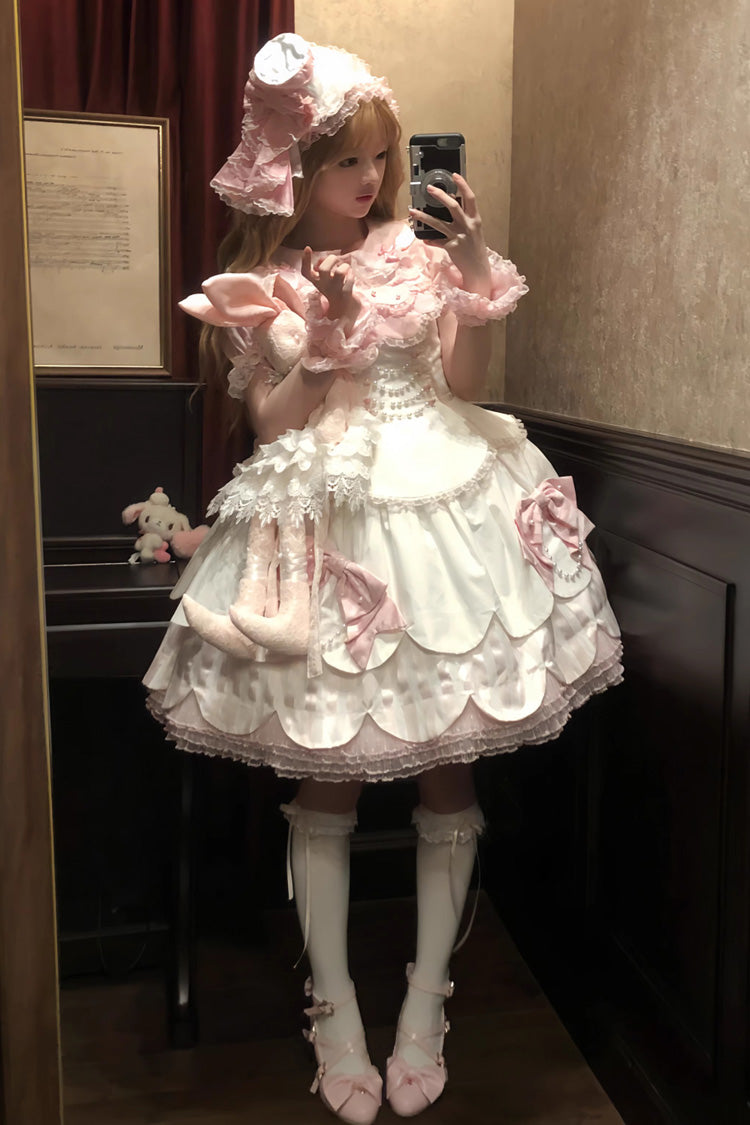 Lolita Jumper Skirt - White/pink, 2 Colors, Ruffled, Layered, Sweet Style - additional product view 3