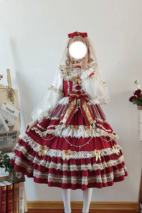 Lolita Jumper Skirt - Wine Hanayome, Wine, Sweet Style, Bow Detail, Ruffled - additional product view 3