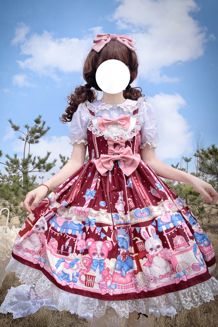 Lolita Jumper Skirt - Wine Red Doll Playground Print, Red, Ruffled, Printed, Sweet Style - additional product view 2