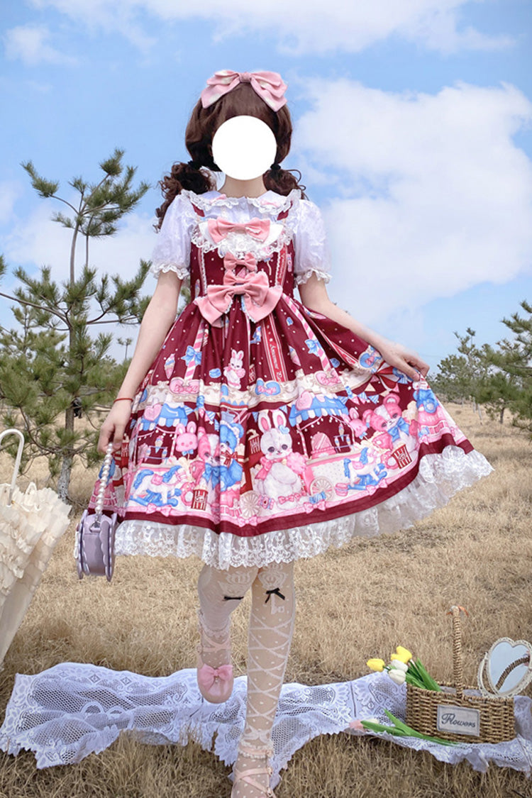 Lolita Jumper Skirt - Wine Red Doll Playground Print, Red, Ruffled, Printed, Sweet Style - additional product view 3