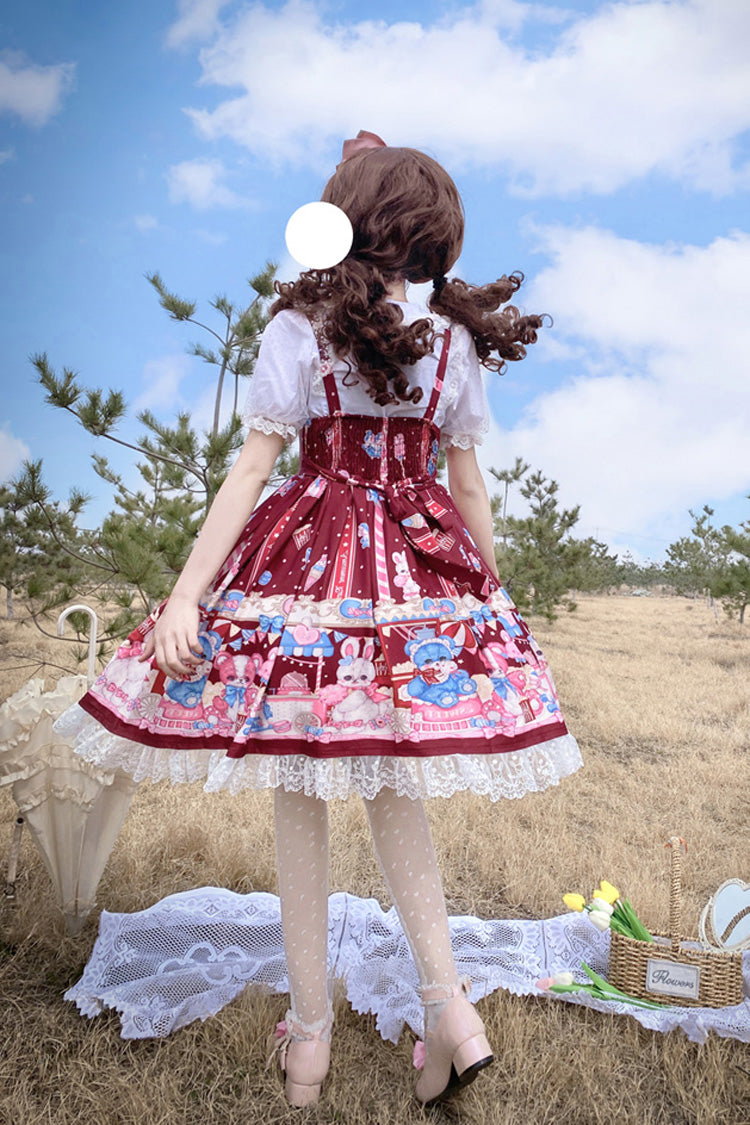 Lolita Jumper Skirt - Wine Red Doll Playground Print, Red, Ruffled, Printed, Sweet Style - additional product view 4