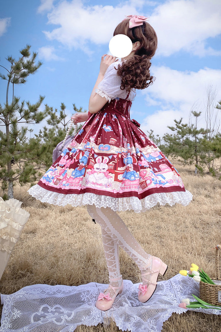 Lolita Jumper Skirt - Wine Red Doll Playground Print, Red, Ruffled, Printed, Sweet Style - additional product view 5