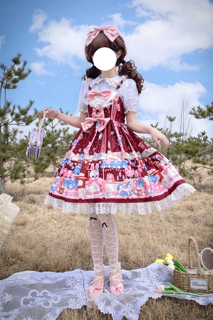 Lolita Jumper Skirt - Wine Red Doll Playground Print, Red, Ruffled, Printed, Sweet Style - additional product view 6