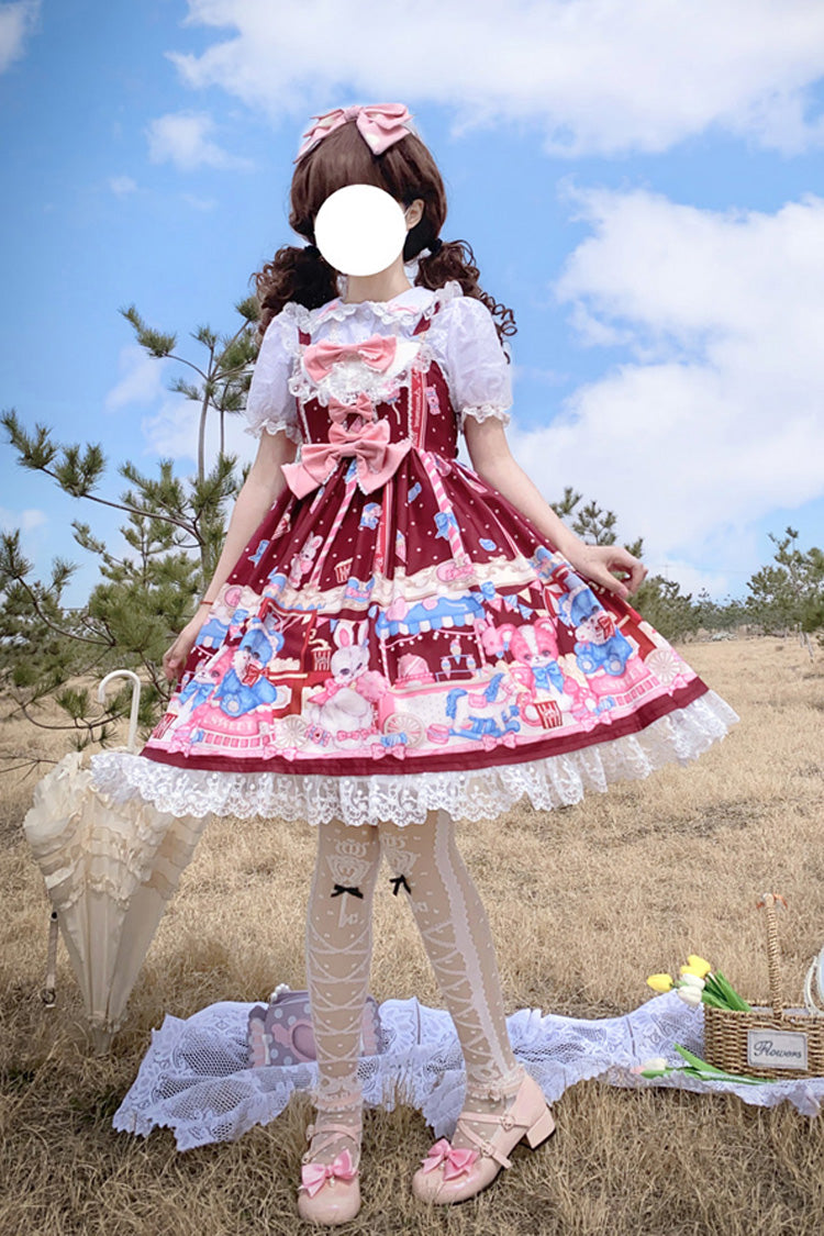 Lolita Jumper Skirt - Wine Red Doll Playground Print, Red, Ruffled, Printed, Sweet Style - additional product view 7