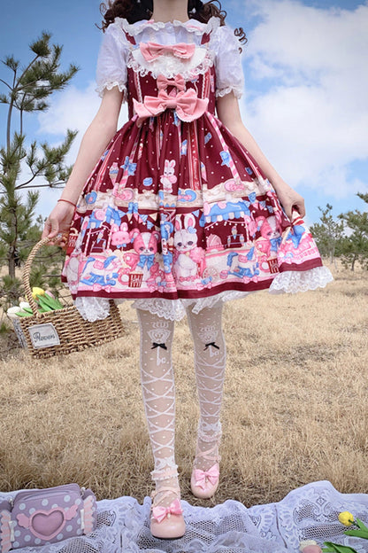 Lolita Jumper Skirt - Wine Red Doll Playground Print, Red, Ruffled, Printed, Sweet Style - additional product view 8