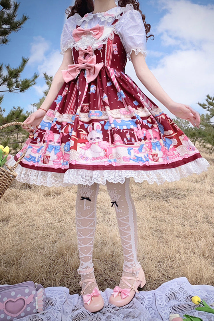 Lolita Jumper Skirt - Wine Red Doll Playground Print, Red, Ruffled, Printed, Sweet Style - additional product view 9