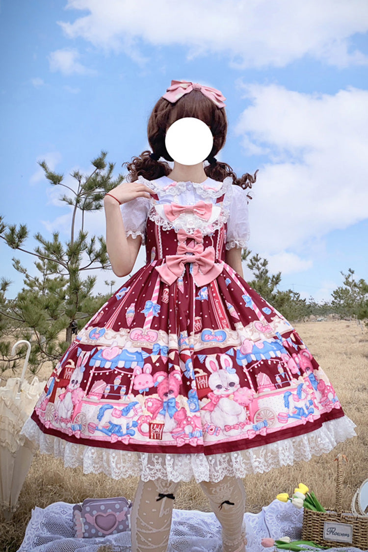 Lolita Jumper Skirt - Wine Red Doll Playground Print, Red, Ruffled, Printed, Sweet Style - main product image