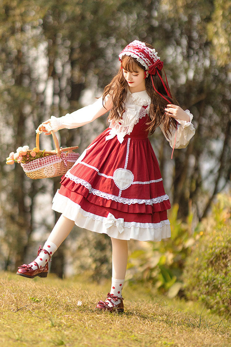 Lolita Jumper Skirt - Wine Red, Red, High Waist, Lace Trim, Ruffled - additional product view 2