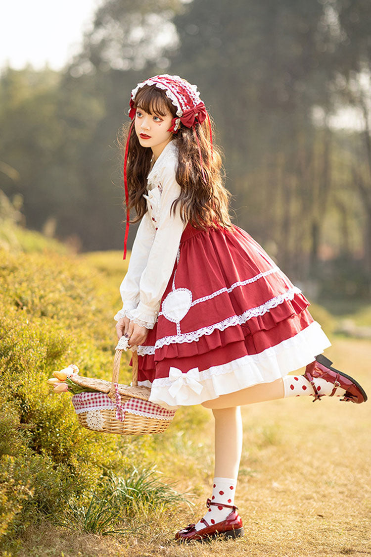 Lolita Jumper Skirt - Wine Red, Red, High Waist, Lace Trim, Ruffled - additional product view 3