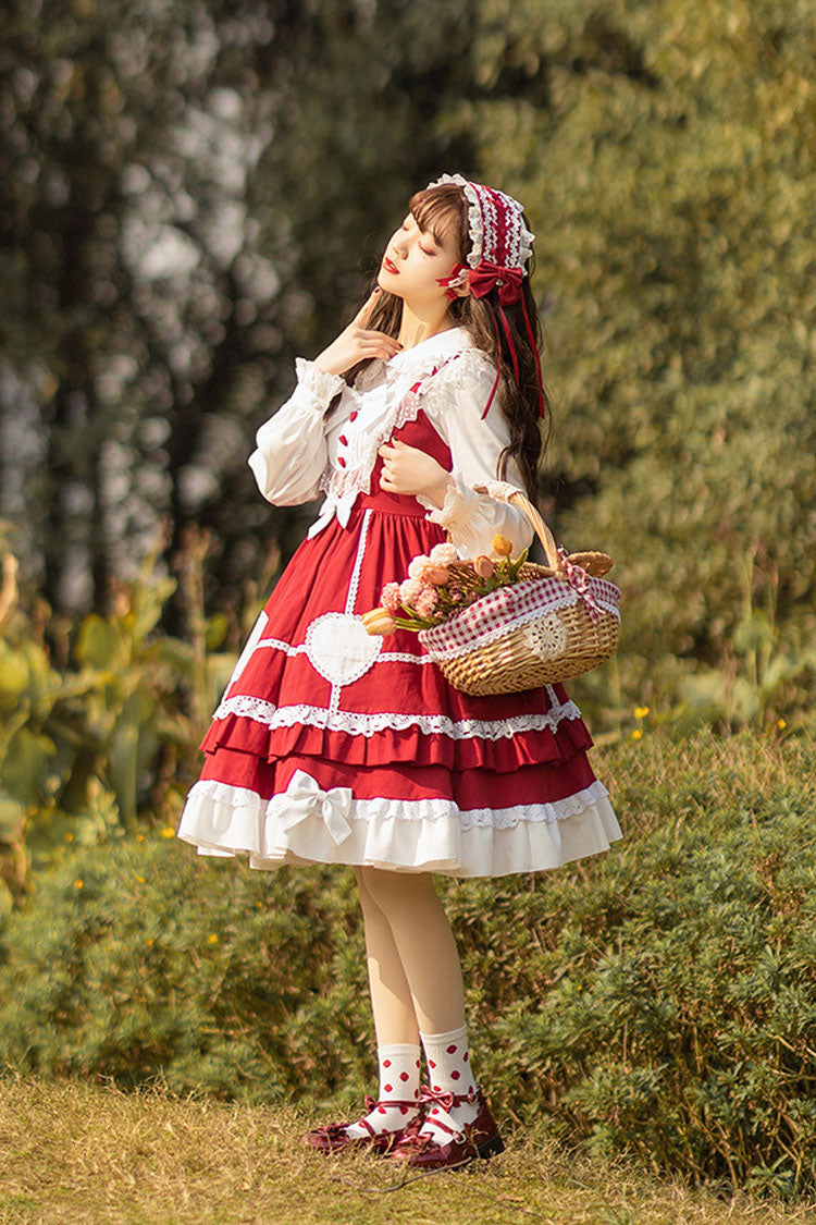 Lolita Jumper Skirt - Wine Red, Red, High Waist, Lace Trim, Ruffled - additional product view 4