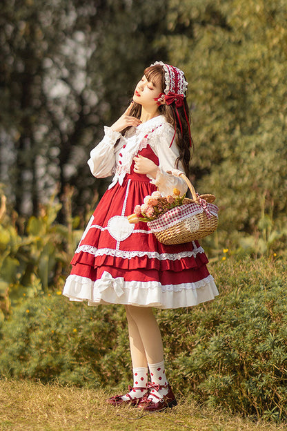 Lolita Jumper Skirt - Wine Red, Red, High Waist, Lace Trim, Ruffled - additional product view 4