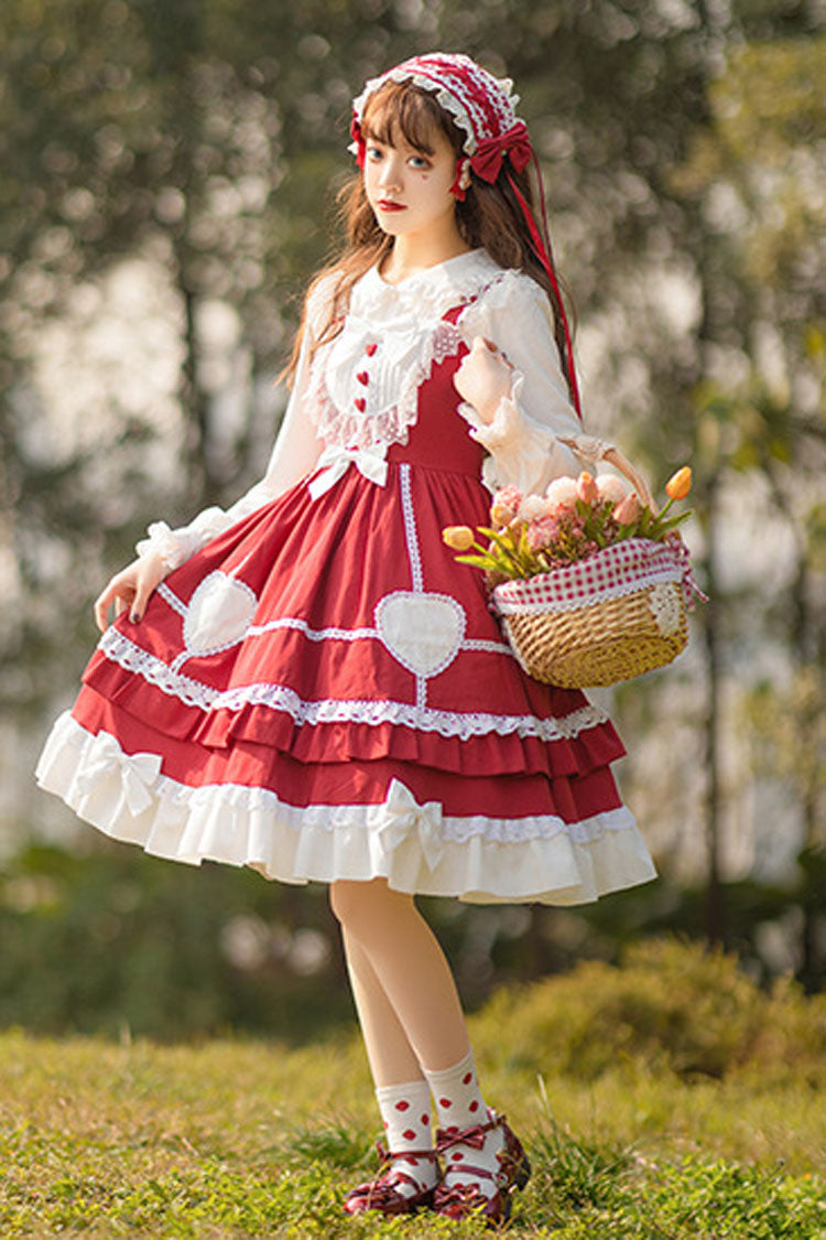 Lolita Jumper Skirt - Wine Red, Red, High Waist, Lace Trim, Ruffled - additional product view 5