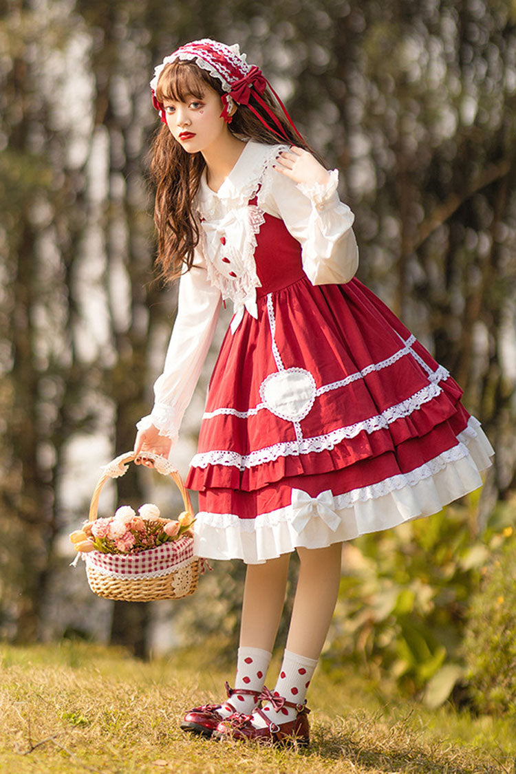 Lolita Jumper Skirt - Wine Red, Red, High Waist, Lace Trim, Ruffled - additional product view 6