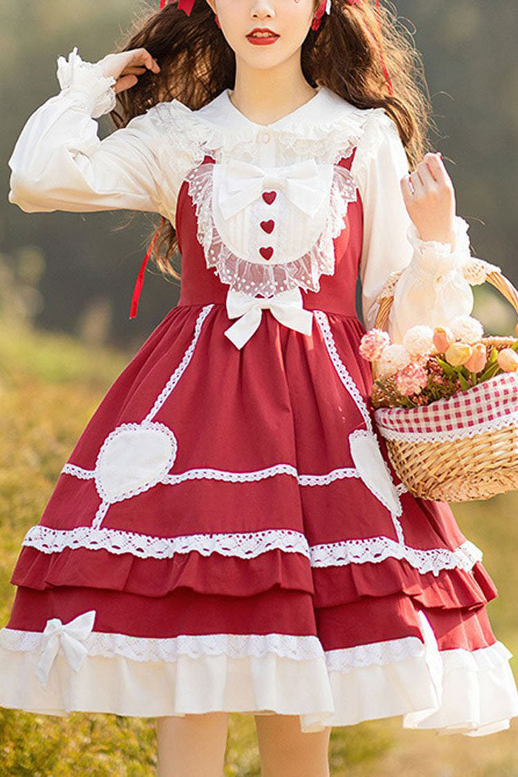 Lolita Jumper Skirt - Wine Red, Red, High Waist, Lace Trim, Ruffled - main product image