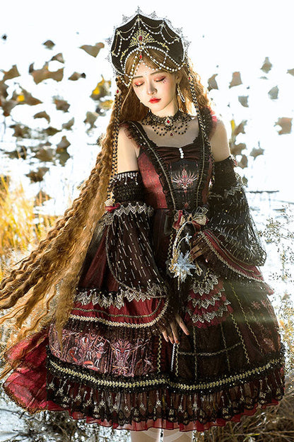 Lolita Jumper Skirt - Wine Vintage Hanayome Eye Of Red, Red, Ruffled, Classic Style - additional product view 3