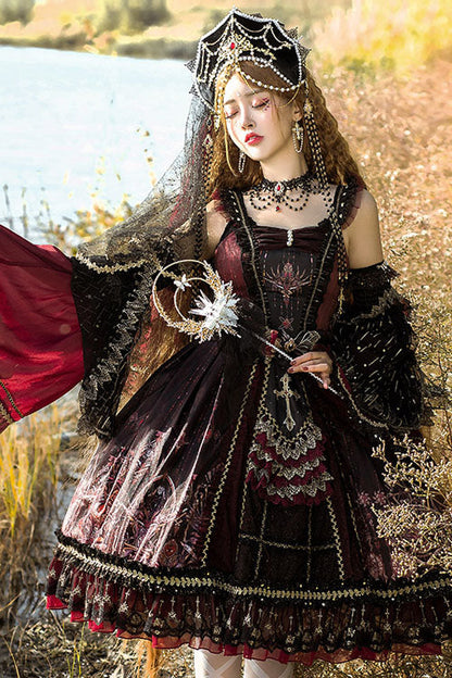 Lolita Jumper Skirt - Wine Vintage Hanayome Eye Of Red, Red, Ruffled, Classic Style - additional product view 4