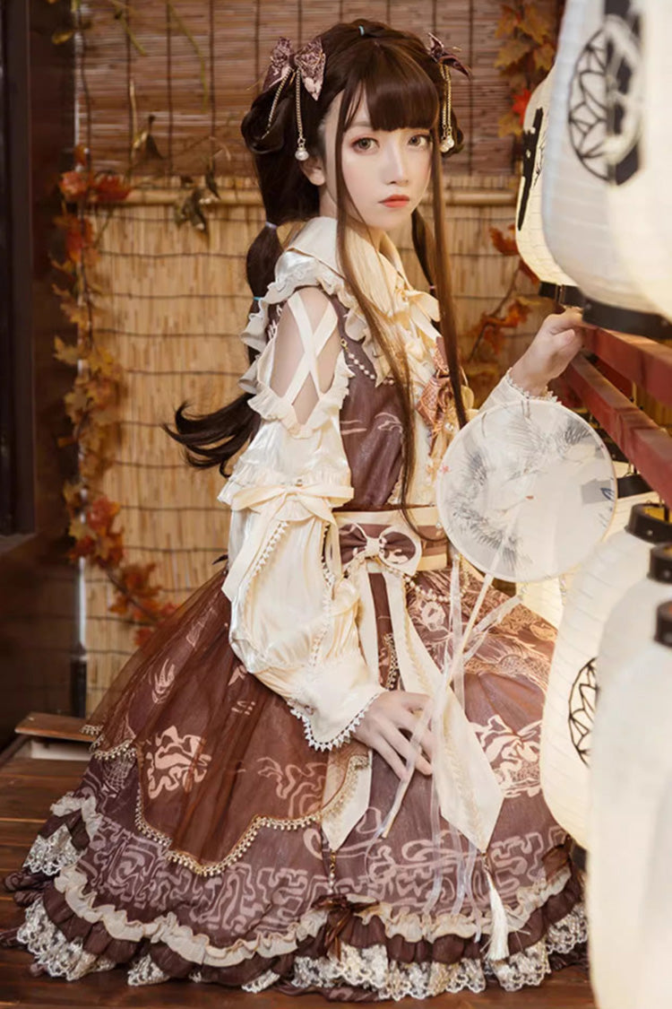 Lolita Jumper Skirt - Yuelong Poetry, Brown, Chinese-Inspired Style, Lace Trim, Ruffled - additional product view 2