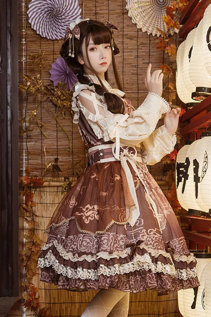 Lolita Jumper Skirt - Yuelong Poetry, Brown, Chinese-Inspired Style, Lace Trim, Ruffled - additional product view 3