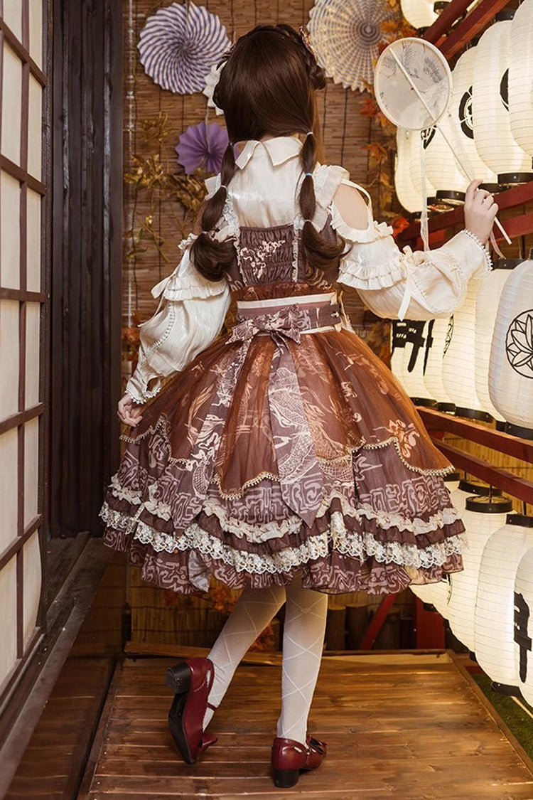 Lolita Jumper Skirt - Yuelong Poetry, Brown, Chinese-Inspired Style, Lace Trim, Ruffled - additional product view 4