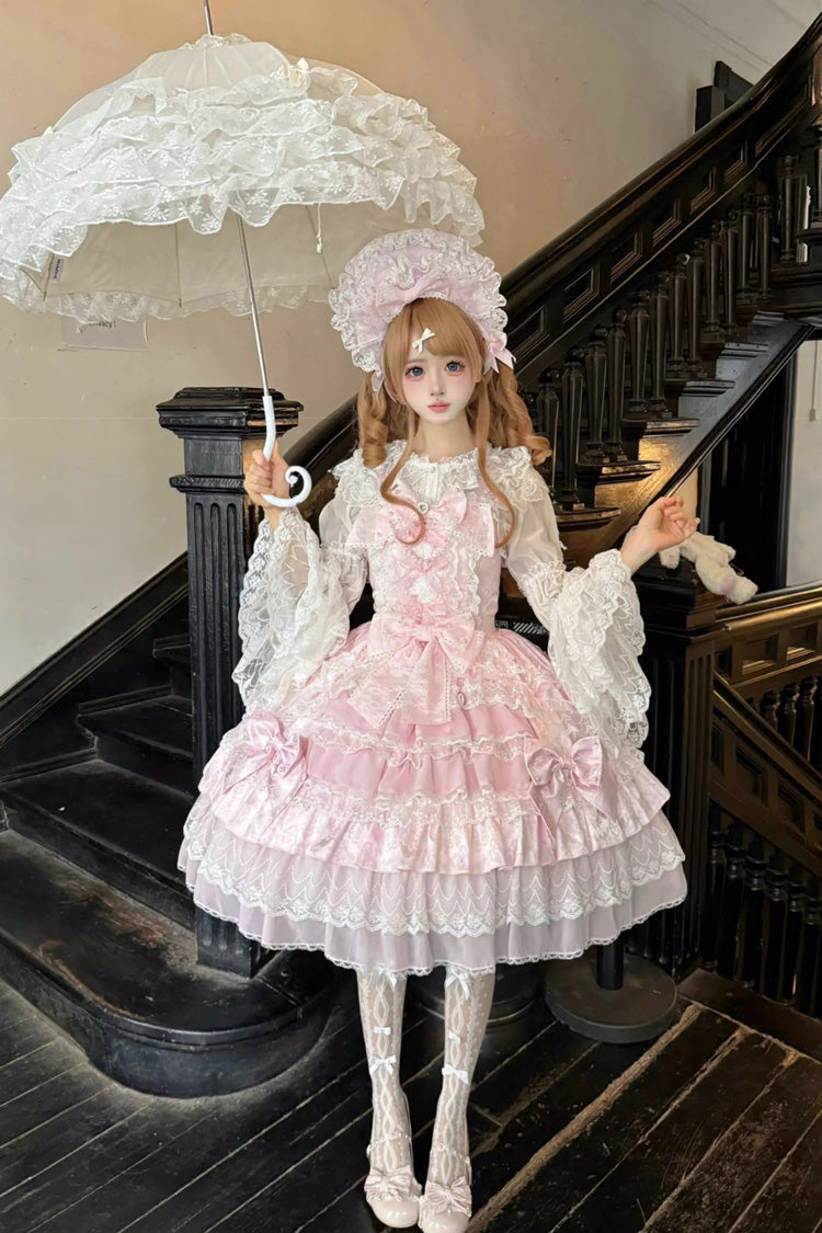 Lolita Lace Headbow - Dream-sinking Pearl Veil, Pink, Layered, Sweet Style, Bow Detail - additional product view 2