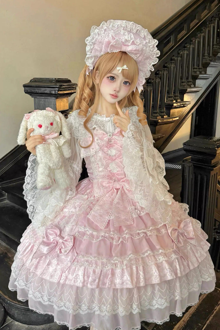 Lolita Lace Headbow - Dream-sinking Pearl Veil, Pink, Layered, Sweet Style, Bow Detail - additional product view 3